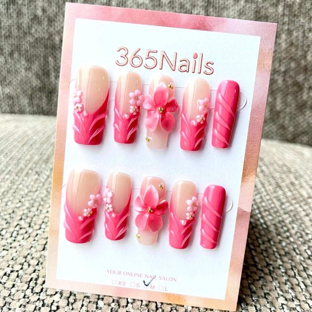 365nails: "Tropical Bloom" – 3D 플로럴 수제 코핀형 네일