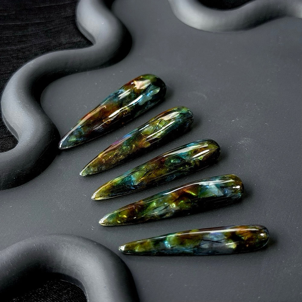 Handmade Long Stiletto Press-On Nails with Green and Brown Glass Design