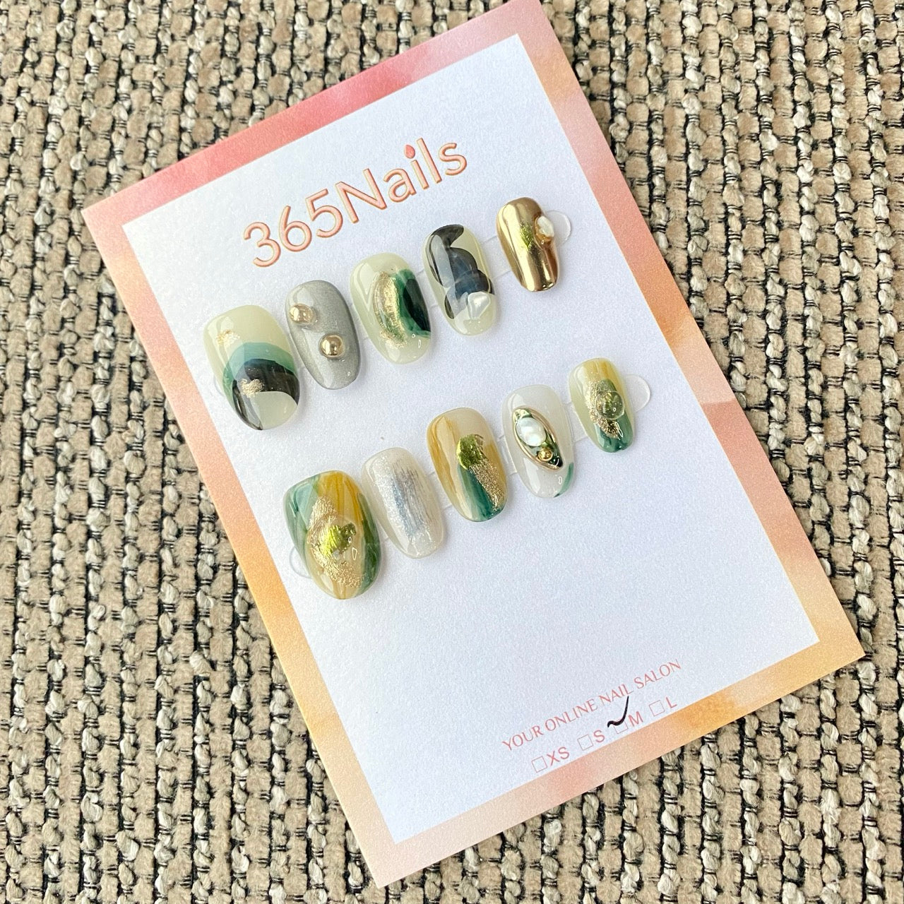 365nails: "Green Gold Abstract 3D Gemstone Pearl" – handmade press-on nail