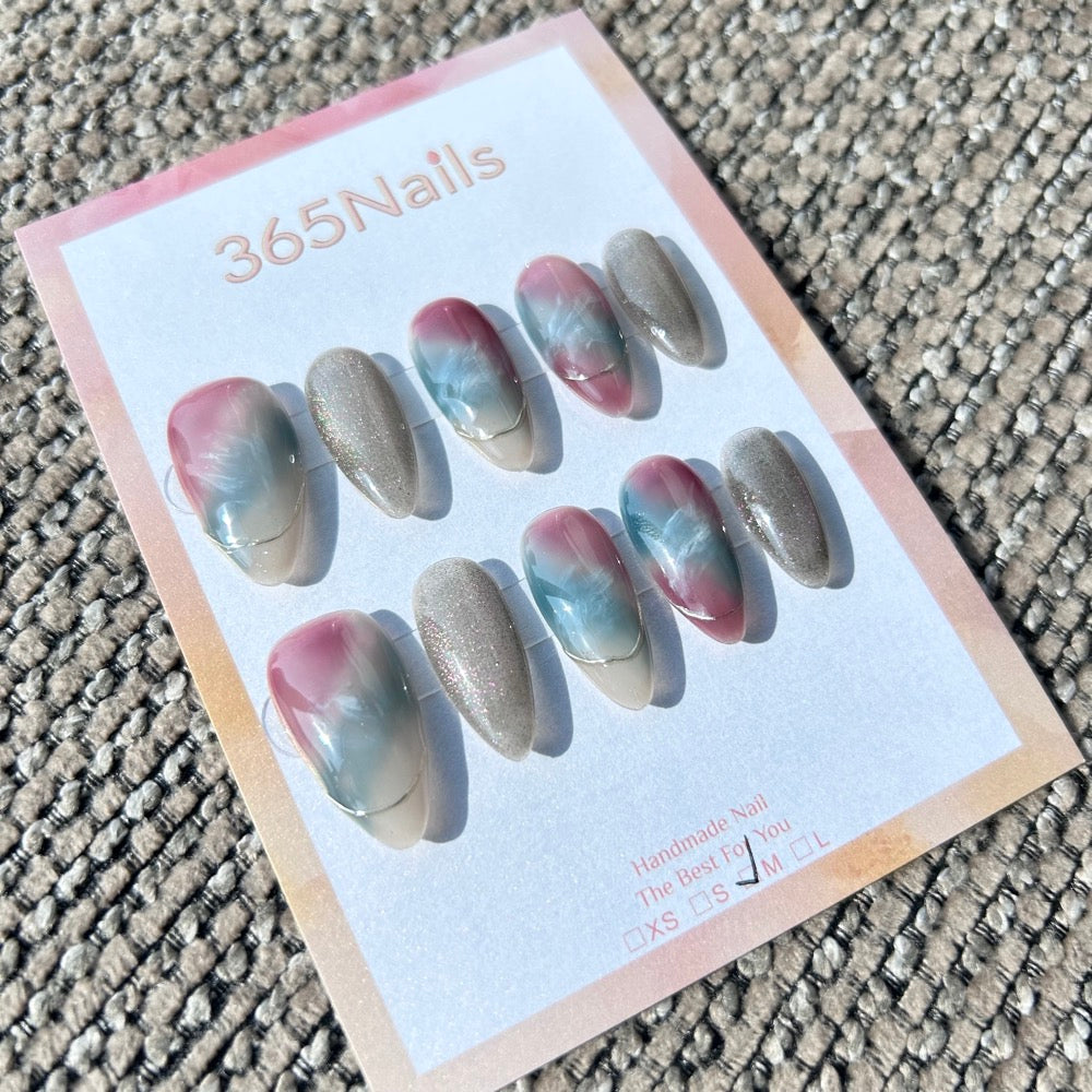 Ethereal Ink: "Peach Blossom Mist" – Soft Pink & Dusty Cyan Ombre with Silver Cat Eye & Gold Line Almond Nails