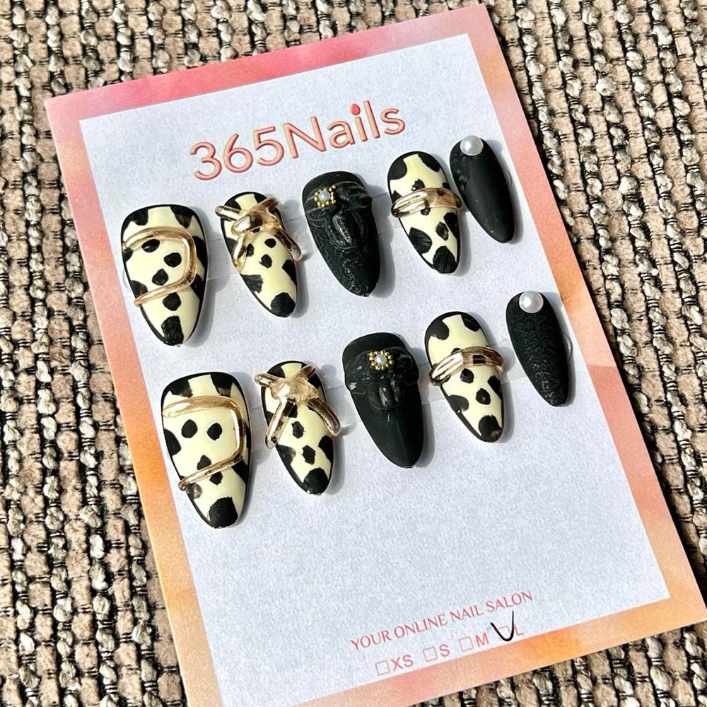 365nails: "Black Cow Print Gold D Ring" – Handmade Short Almond Press-On Nails