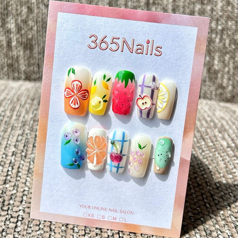365nails: "Fruit Picnic" – 3D Handmade Long Square Press On Nails