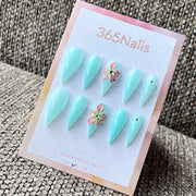 Mint Blue Stiletto Press-On Nails with 3D Flowers