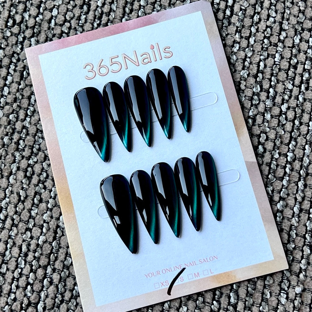 Emerald Eclipse - Black Green Cat Eye Press-On Nails