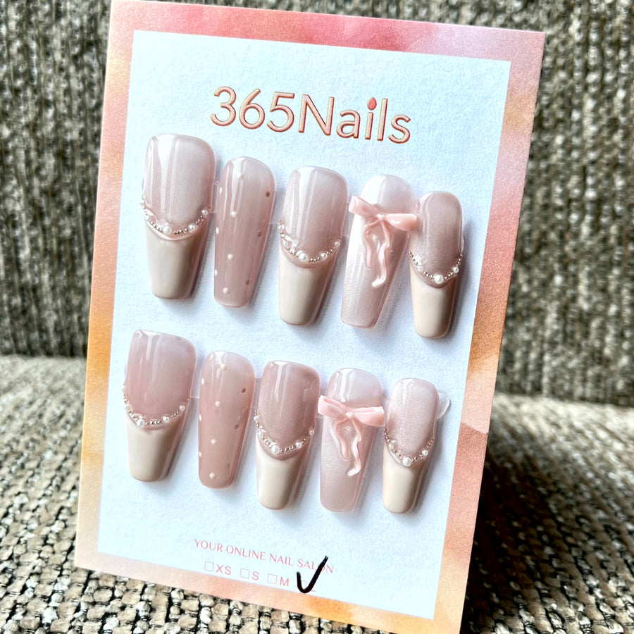 365nails: "Pearl Ballet" – 3D Bow & Beads Handmade Press on Nails Long Square Nails