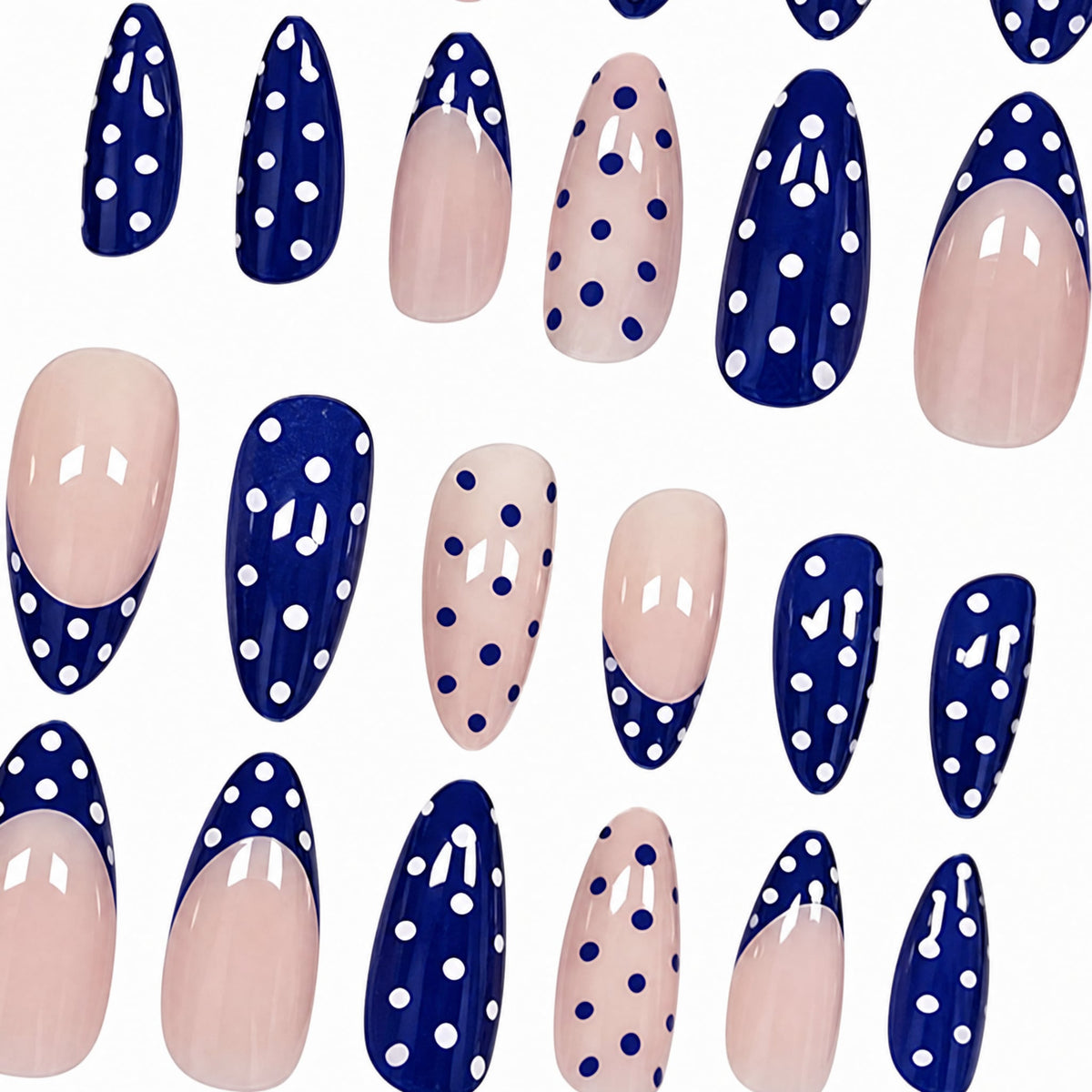 Set of almond press-on nails with blue and nude polka dot designs