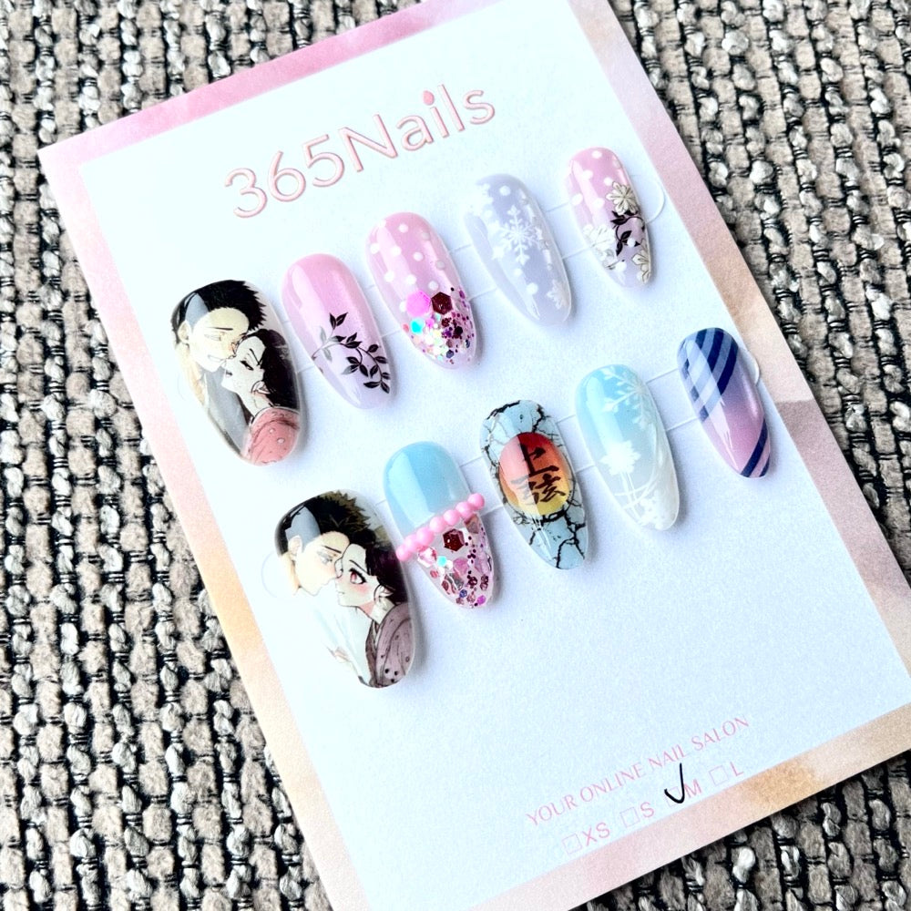 365nails: "Demon Slayer Douma & Kotoha" – Handmade Medium Almond Press-On Nails