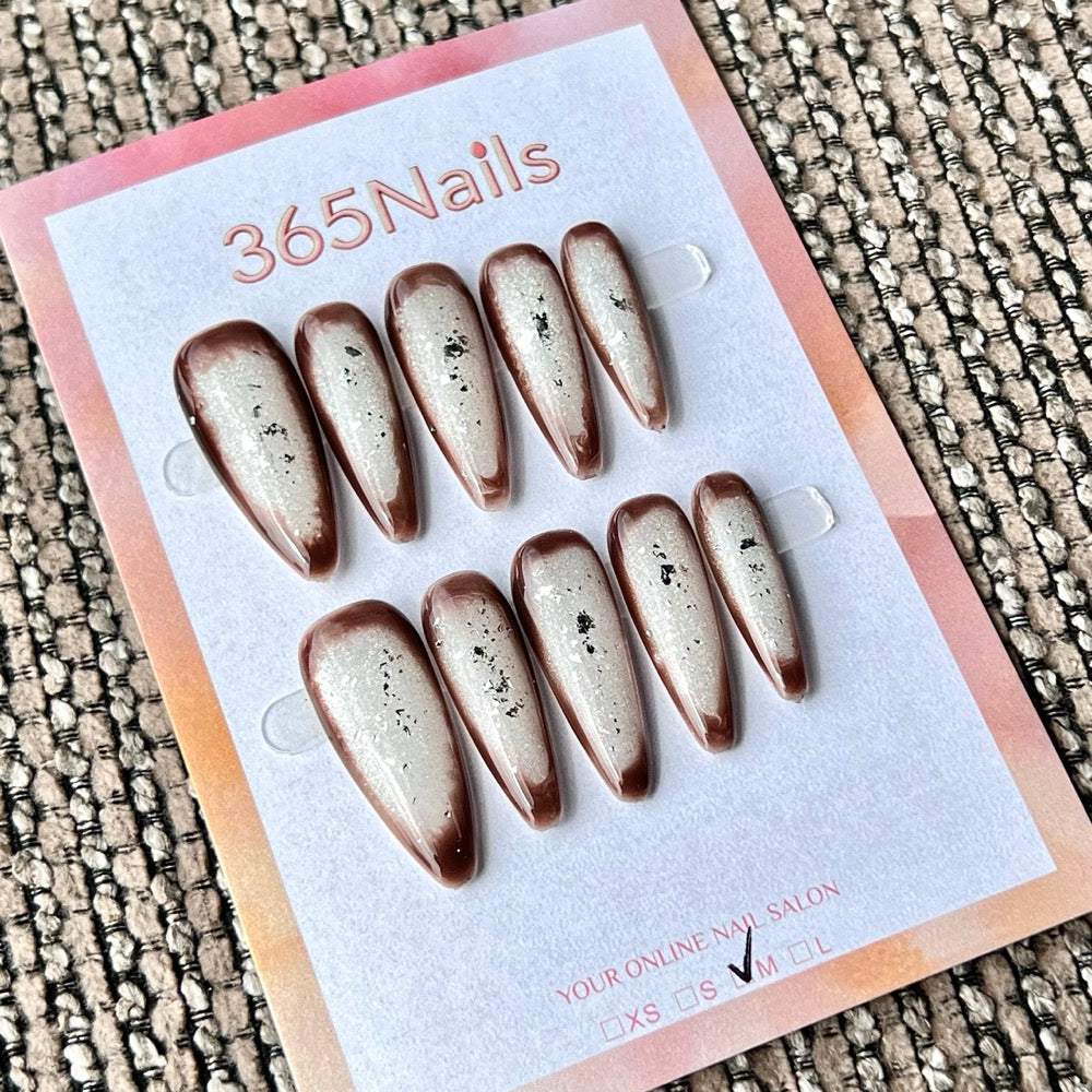 365nails 모카 쉬머 옴브레 — 브라운·실버 포일 옴브레 수제 스틸레토형 네일
