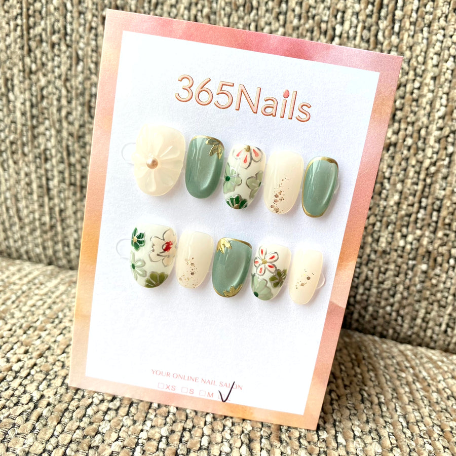 365nails「抹茶花朵」—復古手繪花卉與3D立體花手工製橢圓形穿戴甲