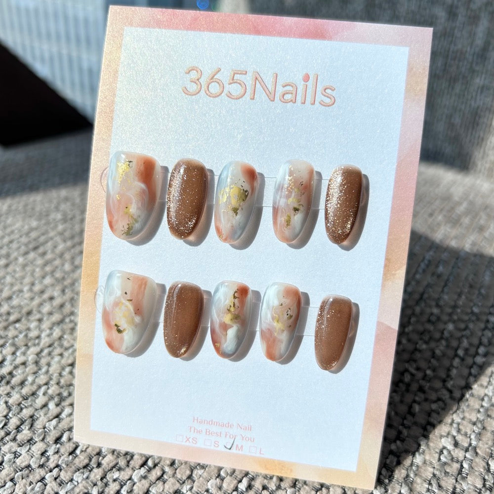 Ethereal Ink: "Amber Latte Swirl" – Bronze Brown Cat Eye & Milky Amber Marble with Gold Foil Oval Nails