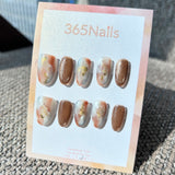 Ethereal Ink: "Amber Latte Swirl" – Bronze Brown Cat Eye & Milky Amber Marble with Gold Foil Oval Nails