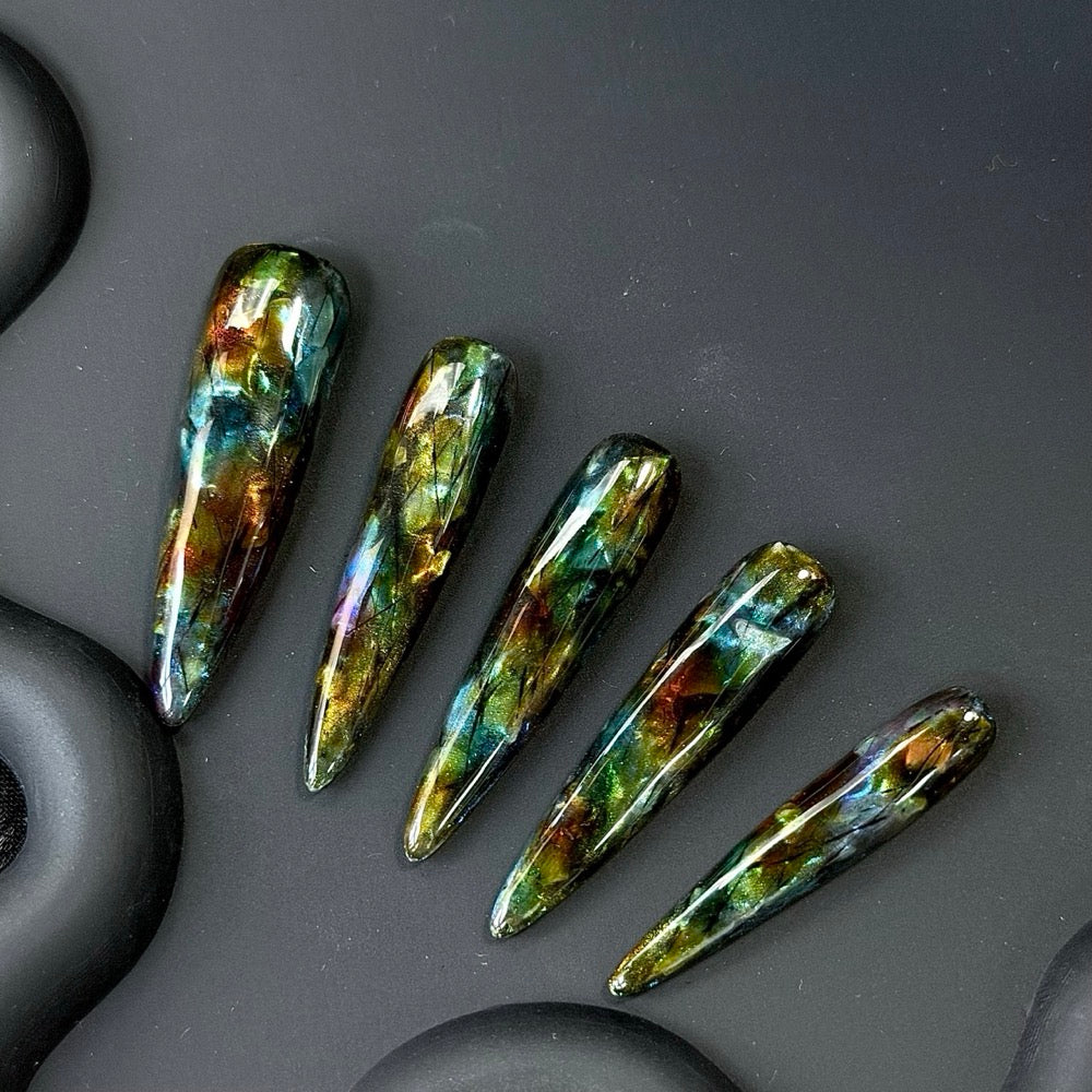 Handmade Long Stiletto Press-On Nails with Green and Brown Glass Design