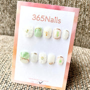 365nails 春之低語 — 3D 立體花卉與大理石紋 手工製 短款杏仁形穿戴甲