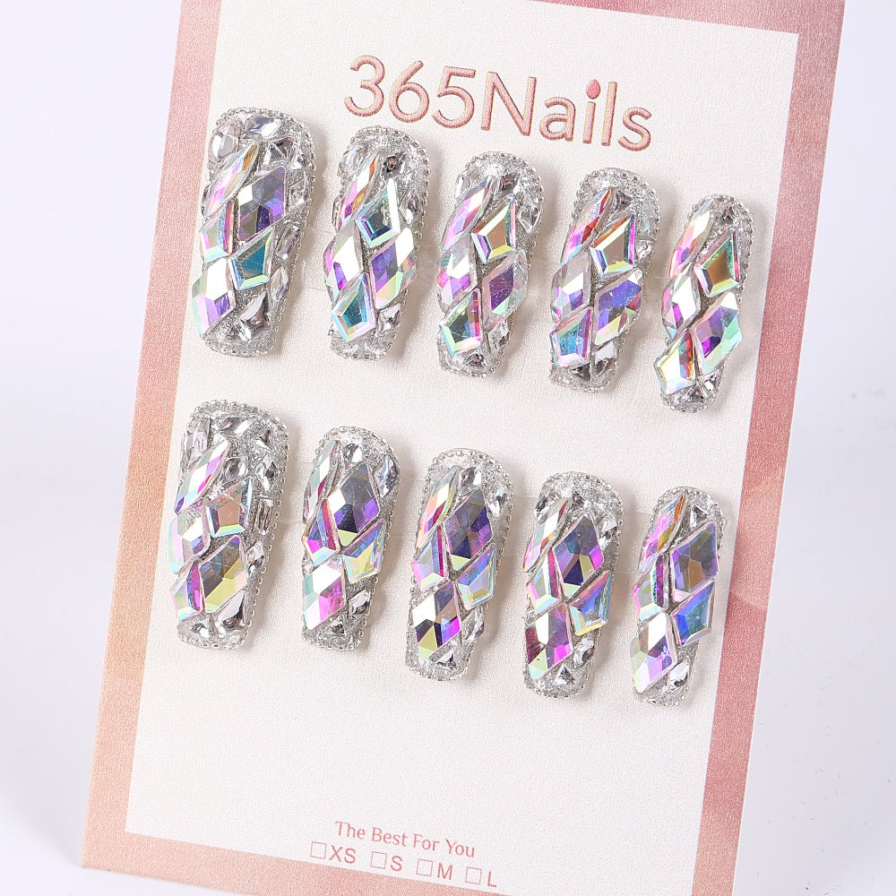 365Nails Mirror Silver with Full AB Crystal “Ice Bricks” – Ultra‑Bling Medium‑Long Coffin Press‑On Nails