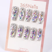 365Nails Espejo Plata con Cristales AB Completos "Ladrillos de Hielo" – Uñas Postizas Ultra Brillantes de Ataúd Mediano-Largo