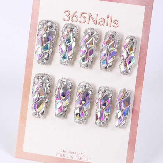 365Nails Mirror Silver with Full AB Crystal “Ice Bricks” – Ultra‑Bling Medium‑Long Coffin Press‑On Nails