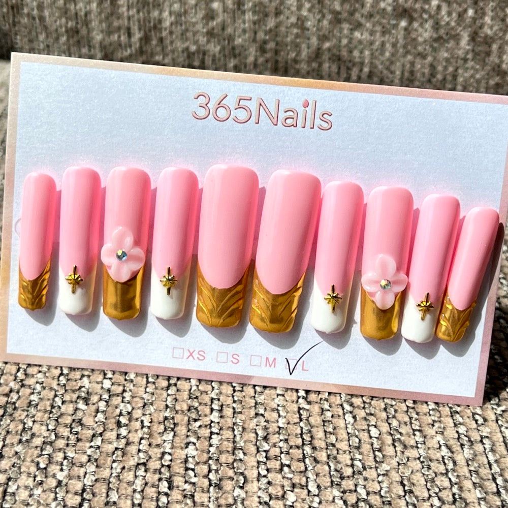 365nails: "Golden Leaf" – 3D Floral Handmade Coffin Nails