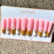 365nails: "Golden Leaf" – 3D Floral Handmade Coffin Nails