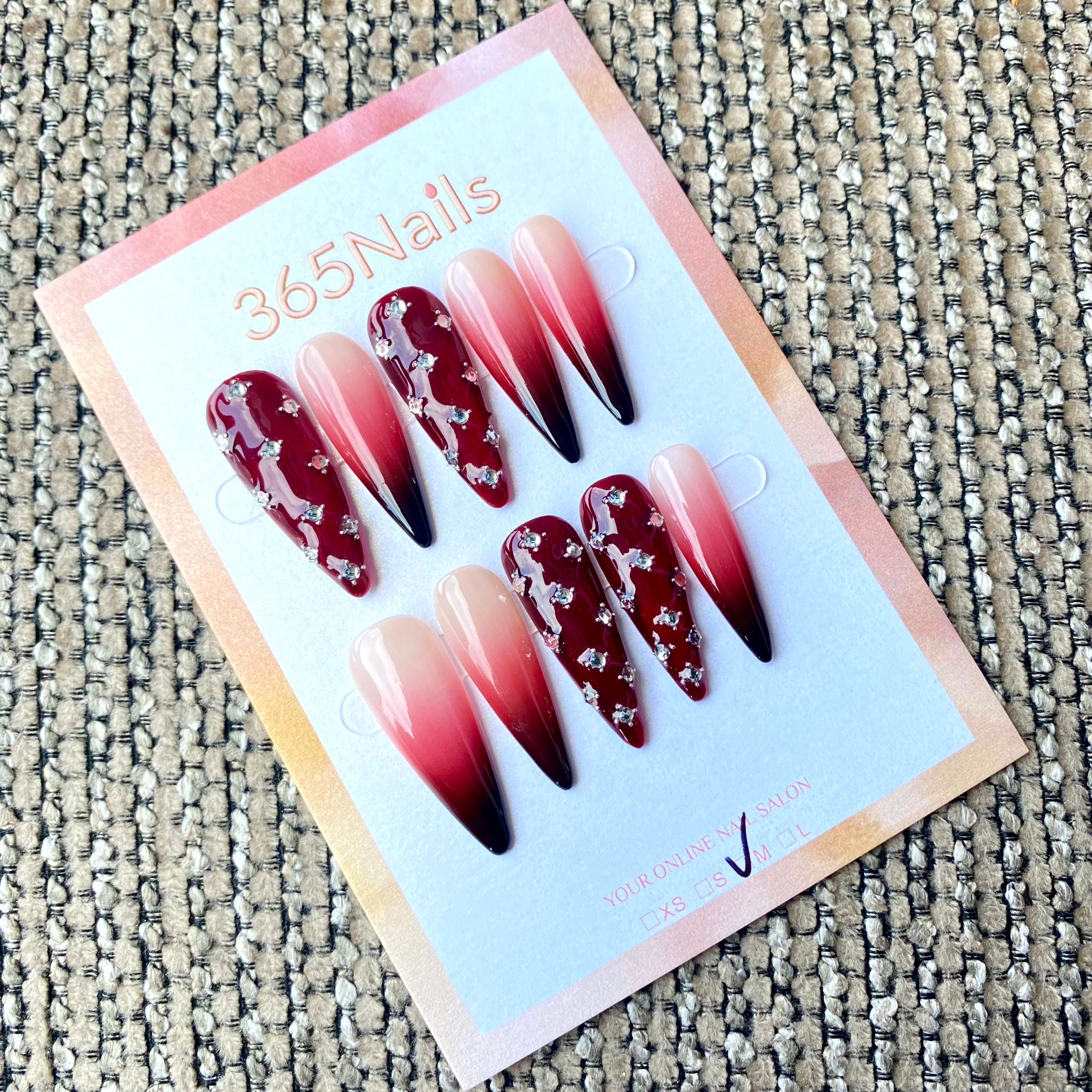 365nails: "Burgundy Crystal Ombre" – Rich Red-to-Nude Gradient with Crystal Accents Handmade Stiletto Nails