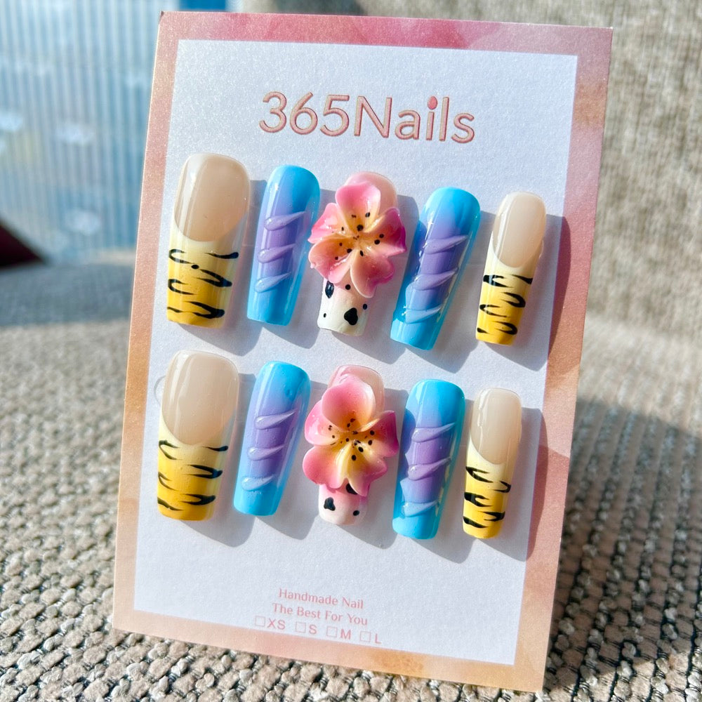 Sculpted Flora: "Wild Sunset Surf" – 3D Floral & Mixed Animal Print Textured Long Coffin Nails