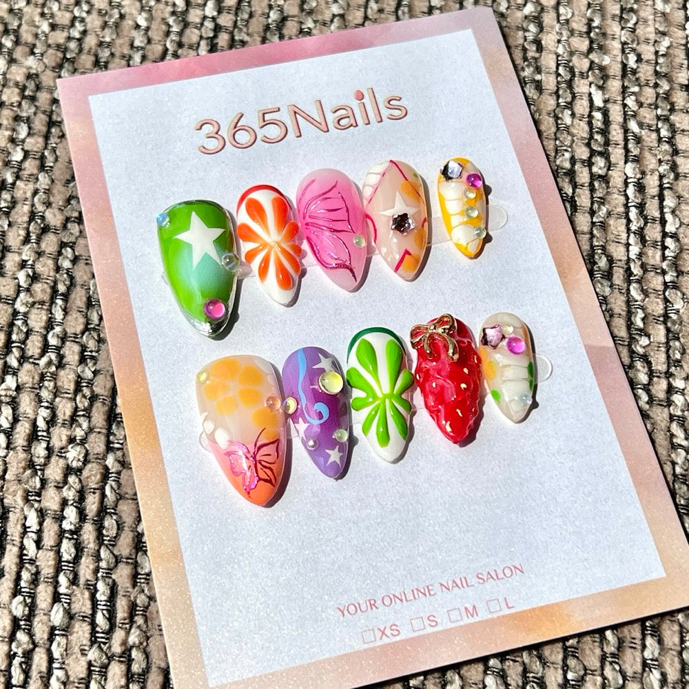 365nails: "Festa Pop Y2K" – Unhas Postiças Amêndoa Média com Pedras 3D Feitas à Mão