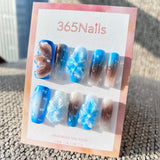 Sculpted Flora: "Azure Coast & Mocha" – 3D Jelly Flowers on Blue-Brown Gradient Coffin Nails with Dewdrops