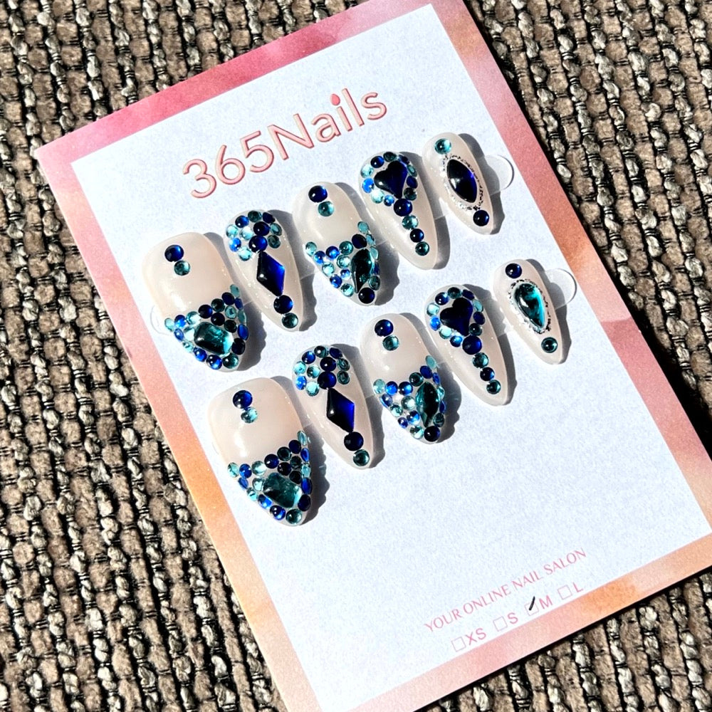 365nails: "Sapphire Ocean" – 3D Crystal & Rhinestone Handmade Almond Nails