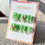 Sculpted Flora: "Spring Swan & Green Vine" – 3D Green Flower & Black Swan Art on Apple Green Ombre Almond Nails with Metallic Accents