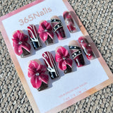 Sculpted Flora: "Gothic Rouge" – 3D Burgundy Hibiscus & Black Tribal Art Coffin Nails with Silver Beads