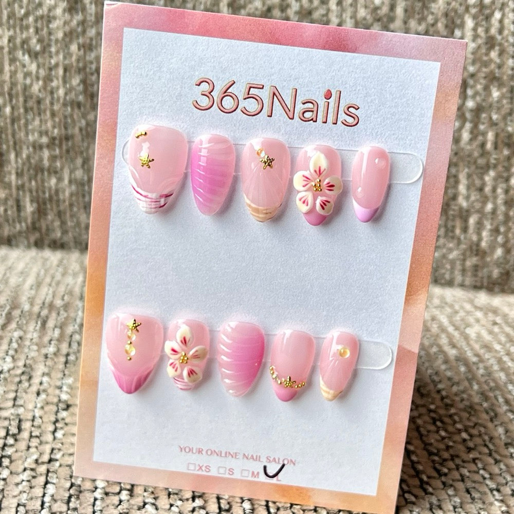 365nails: "Pink Shell Flower Starfish 3D" – Handmade Medium Stiletto Press-On Nails