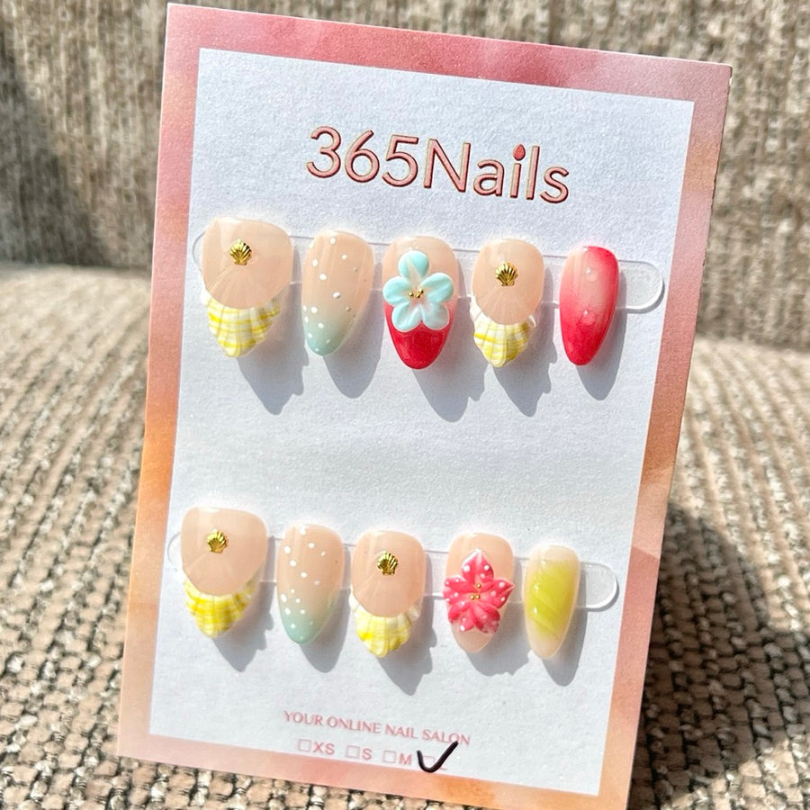 365nails 누드 옐로우 쉘 플라워 믹스 수제 숏 아몬드형 프레스온 네일