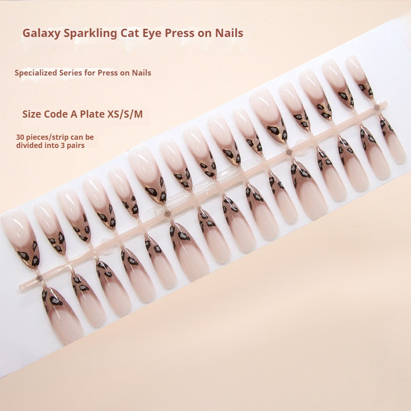 Nail Tips  prefabricated nail champagne French cat eye leopard print fashionable sweet and cool white  removable nail art pieces 30 pieces｜365nails