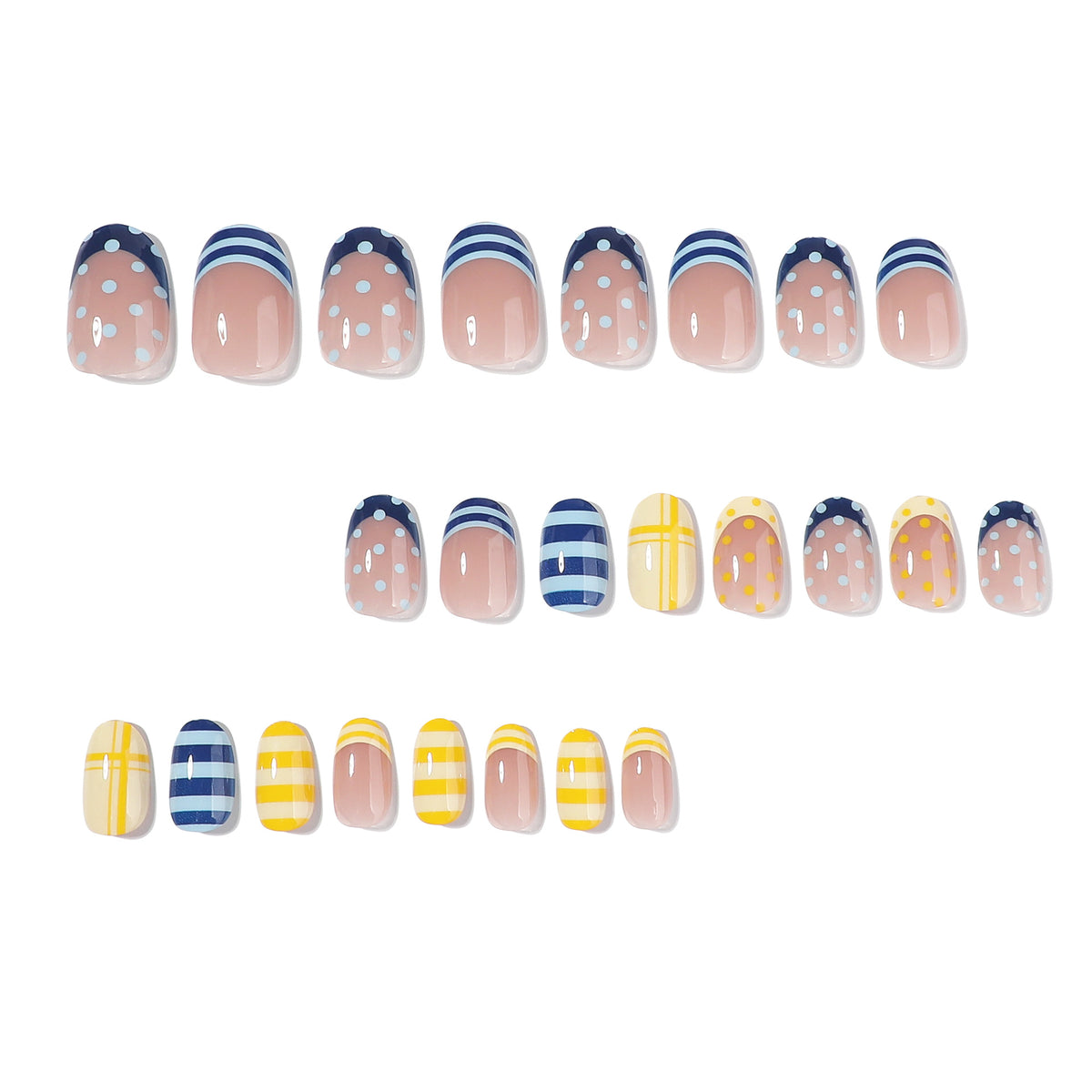 Set of 24 press-on nails arranged in three rows on white background