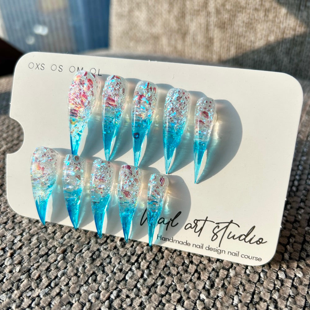 Aurora Ice Slush Press On Nails｜Clear Blue Crystal Long Stiletto