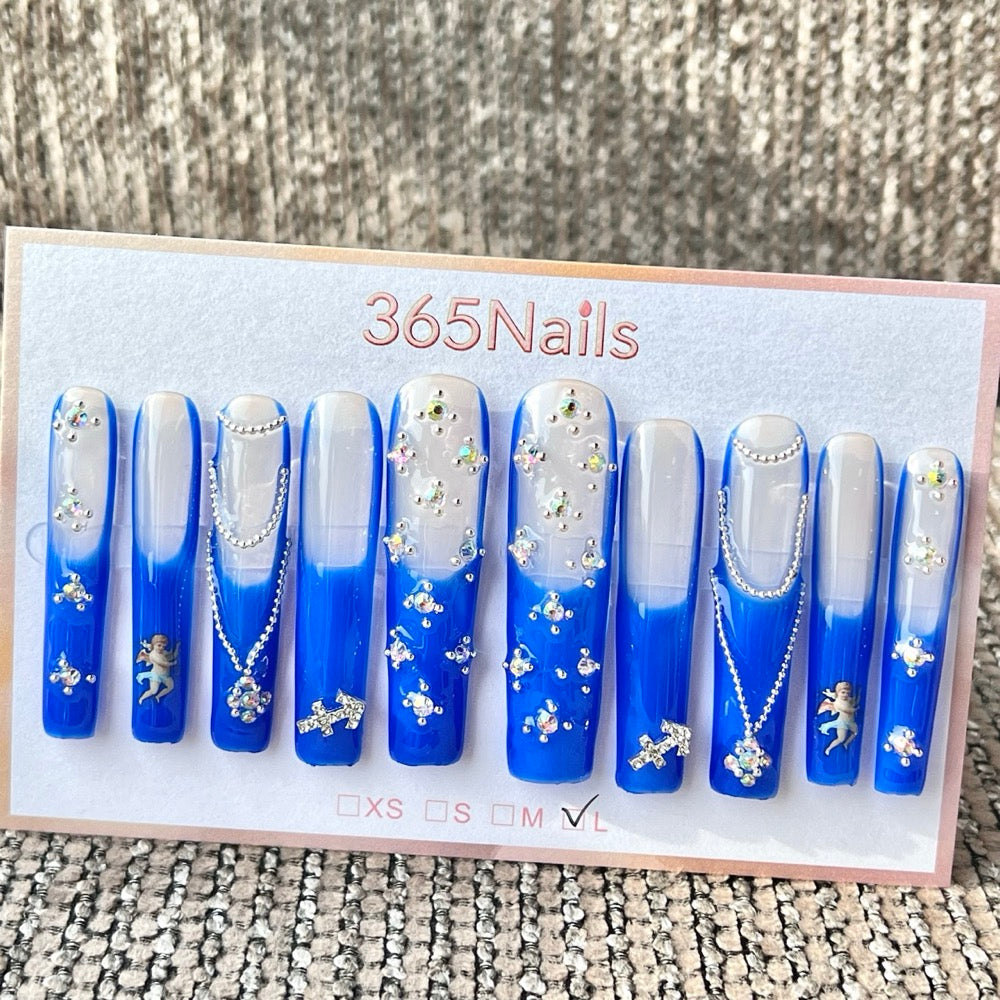 365nails: "Blue Angel Chain Long" – Handmade Long Trapezoid Press-On Nails