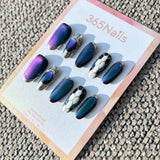 The Gilded Serpent: "Galaxy Python" – Aurora Purple-Blue Cat Eye & Silver Metallic Textured Handmade Press-On Nails