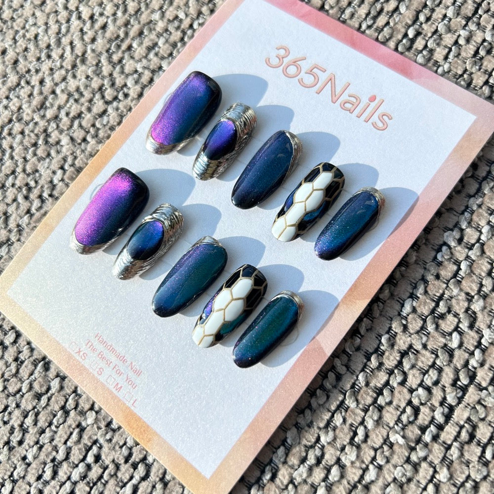 The Gilded Serpent: "Galaxy Python" – Aurora Purple-Blue Cat Eye & Silver Metallic Textured Handmade Press-On Nails