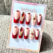 365nails: "Red French Floral Glam" – Handmade Medium Square Press-On Nails
