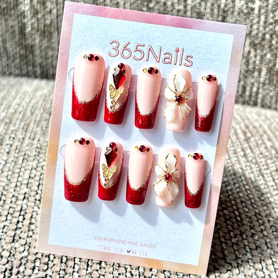 365nails: "Red French Floral Glam" – Handmade Medium Square Press-On Nails