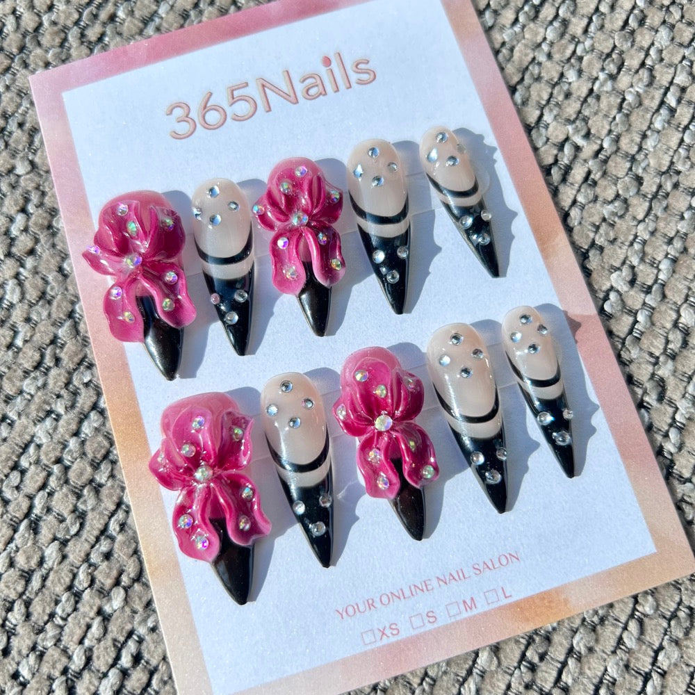 Sculpted Flora: "Velvet Bow Black" – 3D Magenta Bows & Crystal Accents on Black French Stiletto Nails