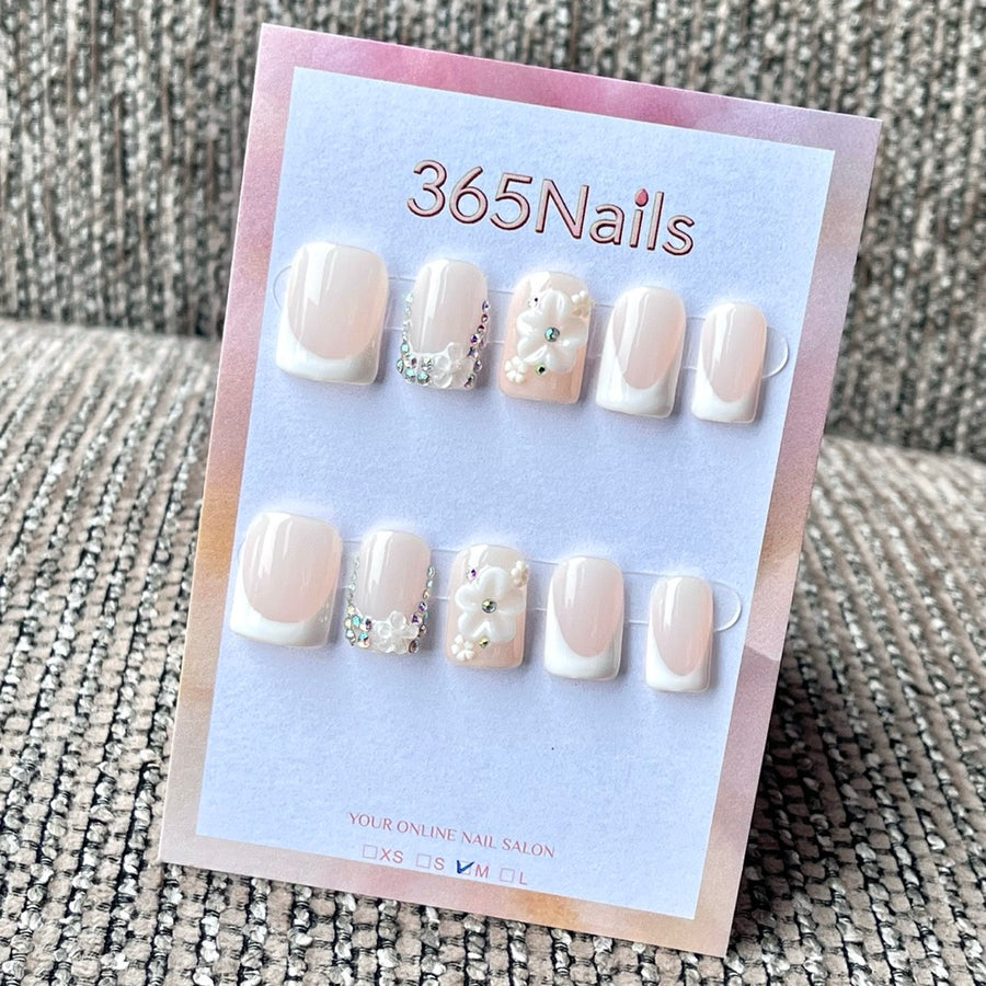365nails: "3D White Floral Rhinestone French" – Hand Sculpted Flower Handmade Medium Square Nails