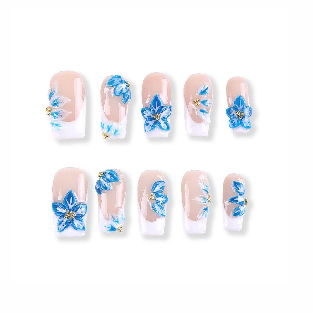 Nude and Blue 3D Floral Press-On Nails with Gold Accents