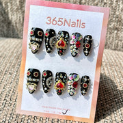 365nails: "Black Red Heart Short" – Handmade Short Stiletto Press-On Nails