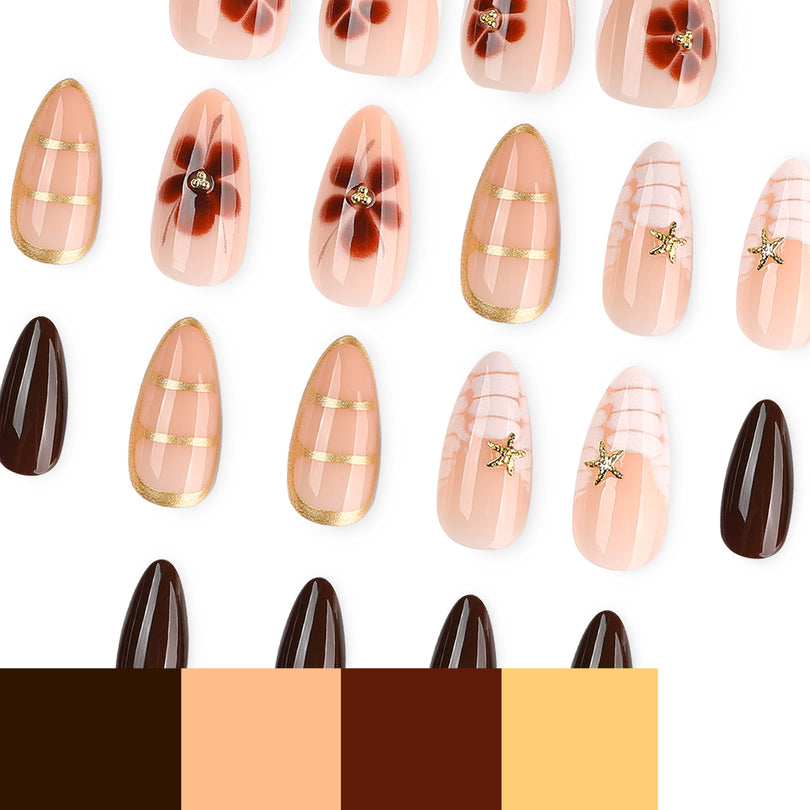 Assorted press-on nails with a color palette swatch