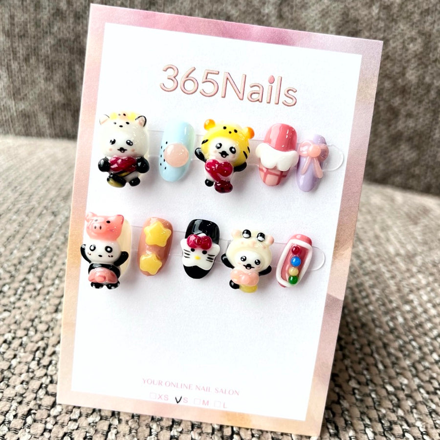 365nails: "Sweet Treat Pals" – 3D Cartoon Character Short Square Nails