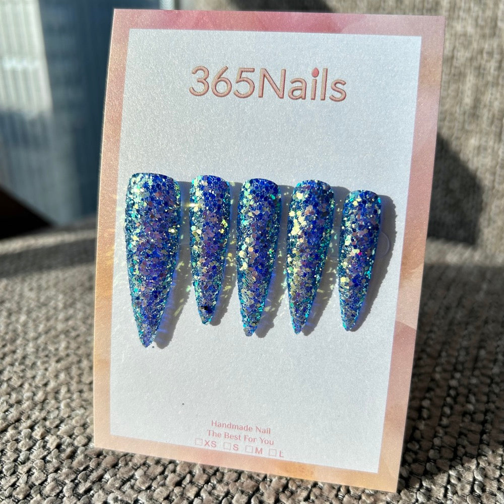 Mermaid Blue Glitter Press On Nails｜Long Stiletto Ocean Chunky Sparkle | Starry Glitter · Sparkling Series