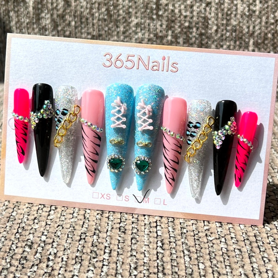 365nails: "Urban Jungle" – 3D Chain & Corset Handmade Long Stiletto Nails