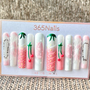 365nails: "Pink Cherry Strawberry" – Handmade Long Trapezoid Press-On Nails
