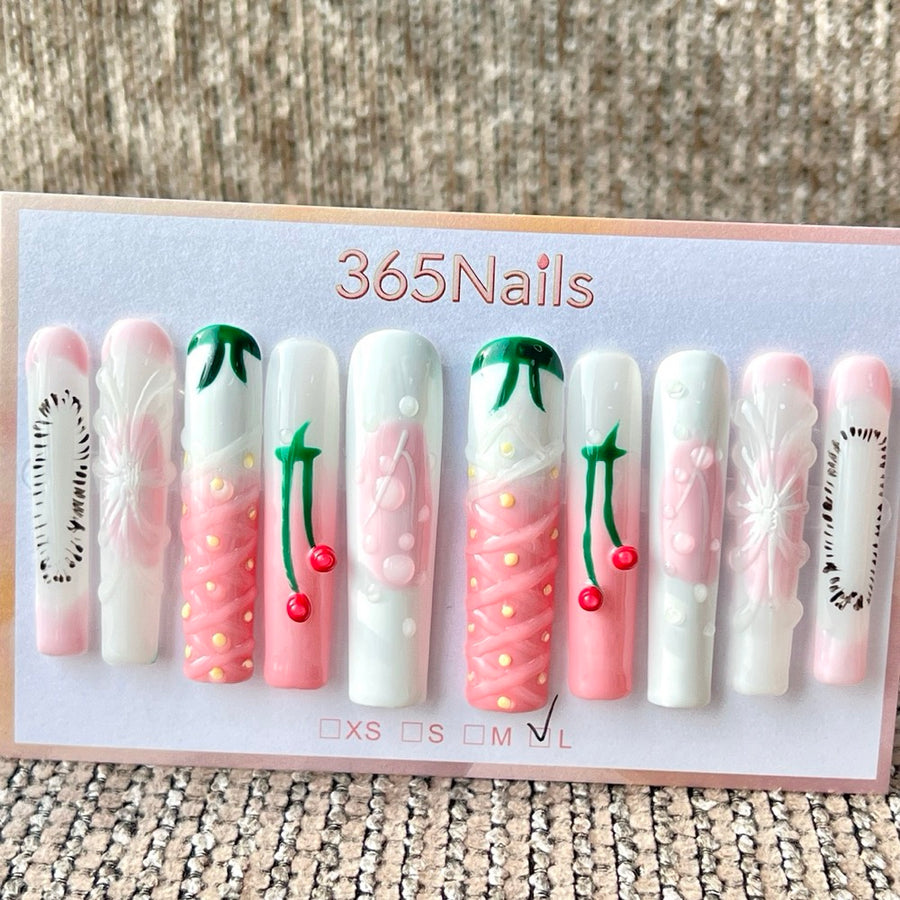 365nails : Rose cerise fraise — Ongles press-on fait main, longs, forme trapèze