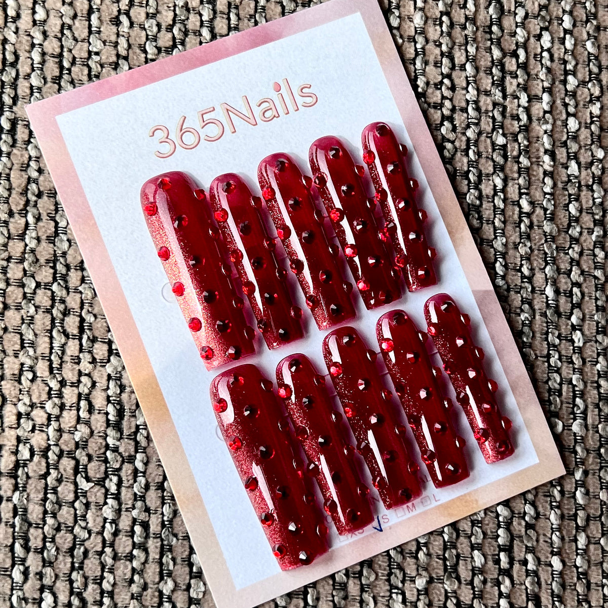 Ruby Radiance - Red Crystal Long Square Press-On Nails | Crystal Armor Series